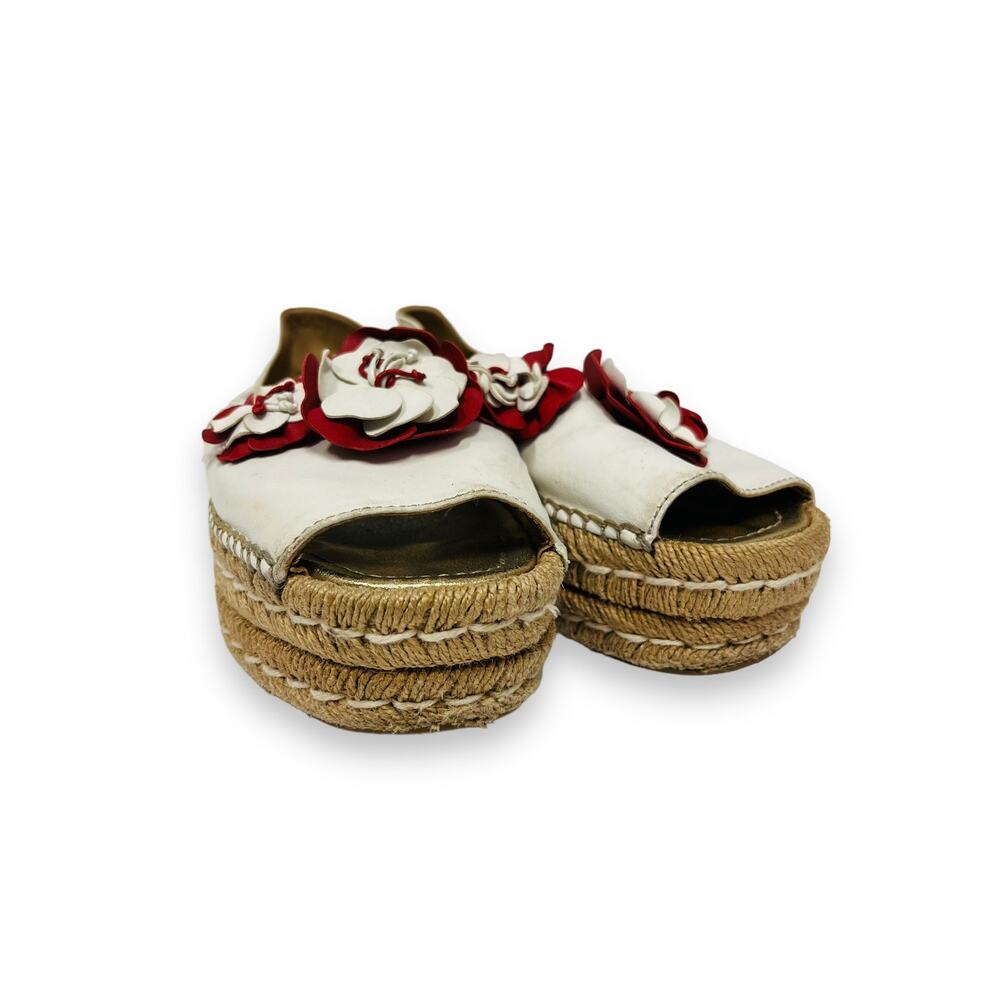 PRADA White Leather Floral Appliqued Peep Toe Platform Espadrilles Flats 38.5 - Picture 7 of 8